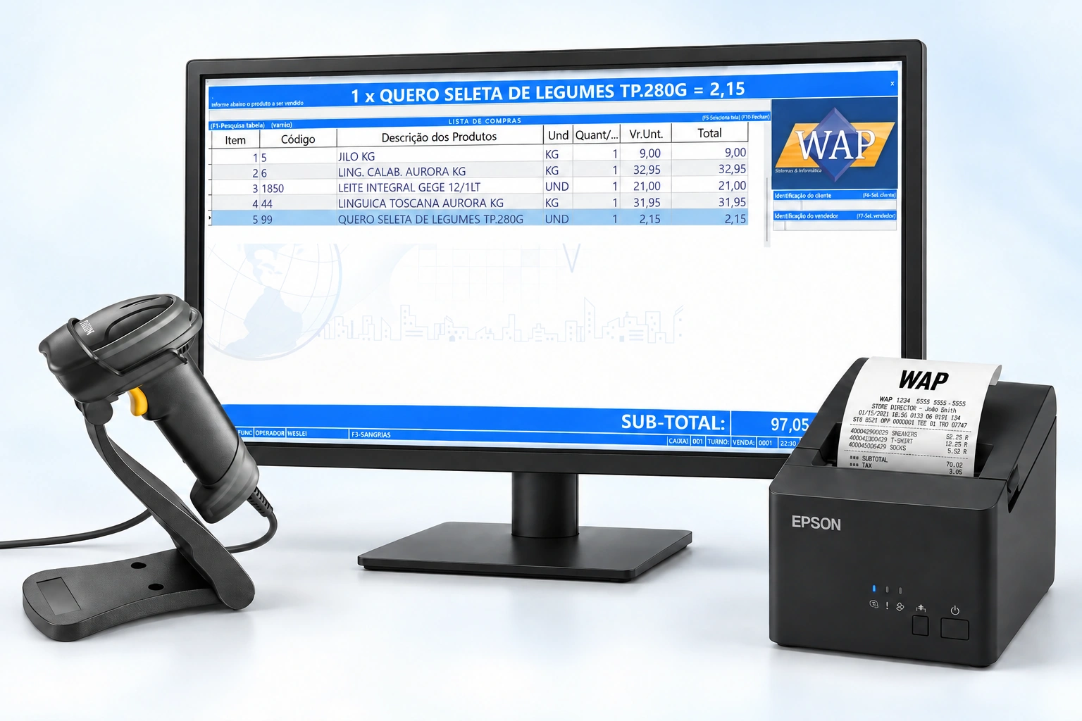 Monitor com sistema de gestão, leitor de código de barras e impressora de cupons