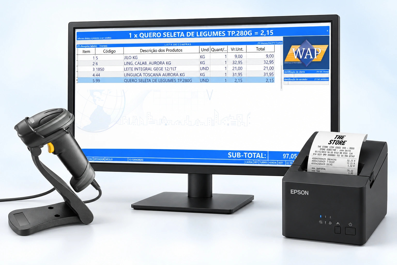 Conjunto de automação comercial com monitor, leitor Elgin e impressora Epson
